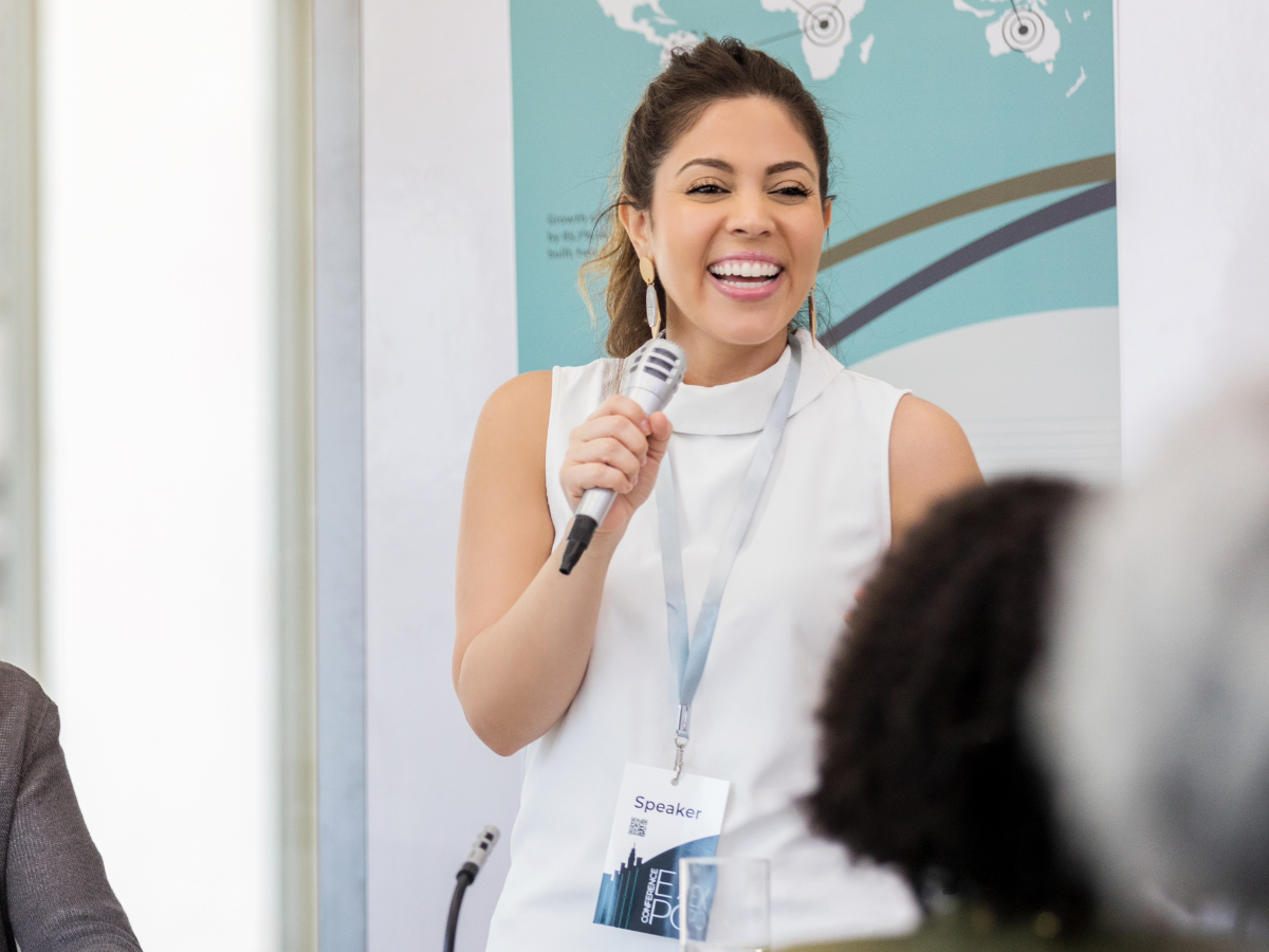 woman demonstrating great public speaking