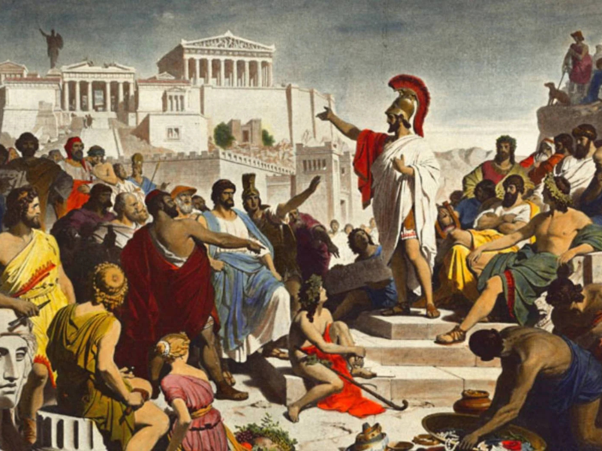 Spartan orator demonstrating how to speak clearly to a crowd.