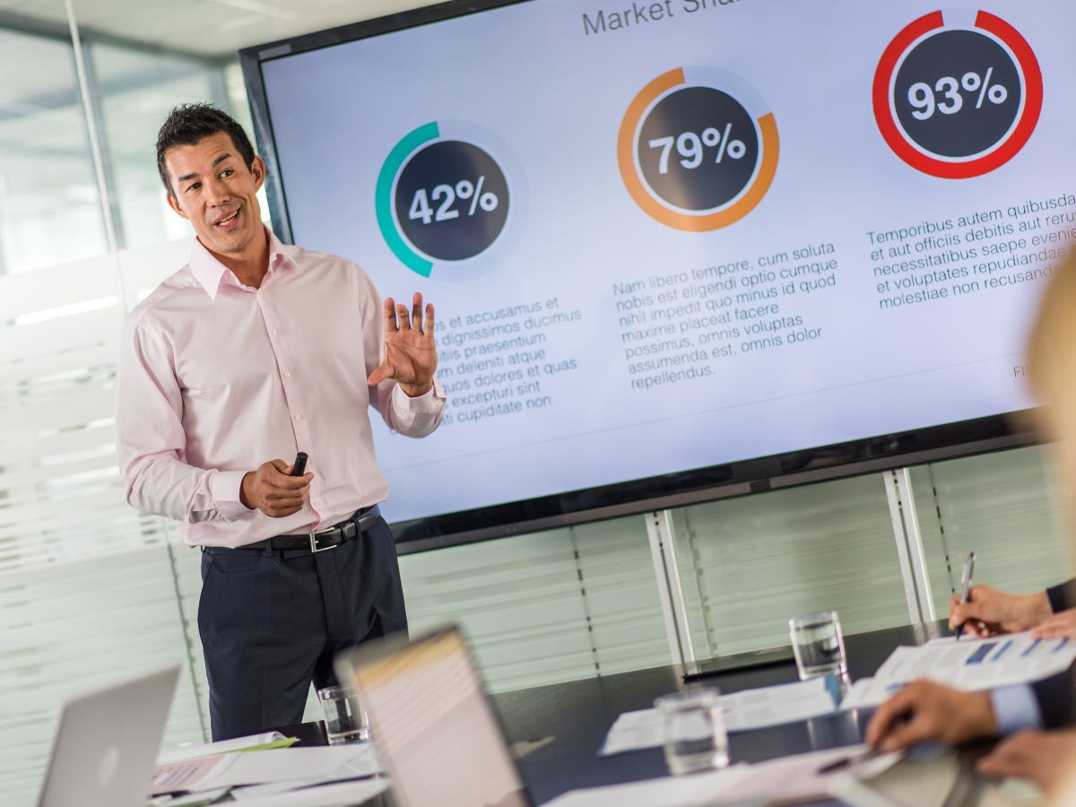 Man practising how to pitch in a presentation
