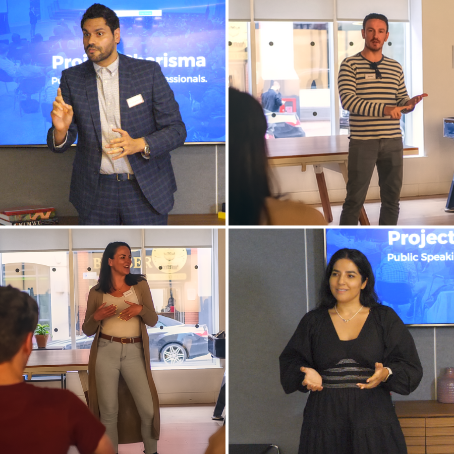 A range of people practising public speaking skills.